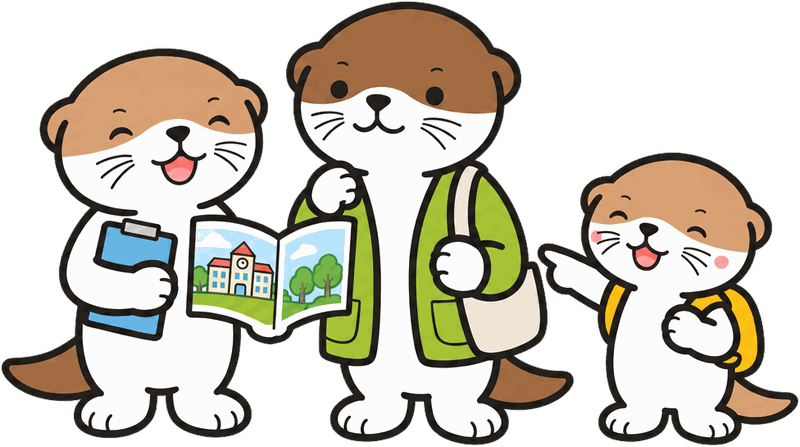 水獭吉祥物拿着学校介绍册,给水獭家长和背书包的小水獭讲解