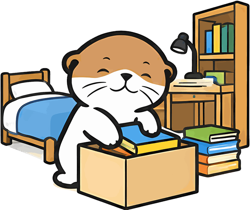 水獭吉祥物在整洁的学生宿舍里搬书整理,房间有床、书桌和书架