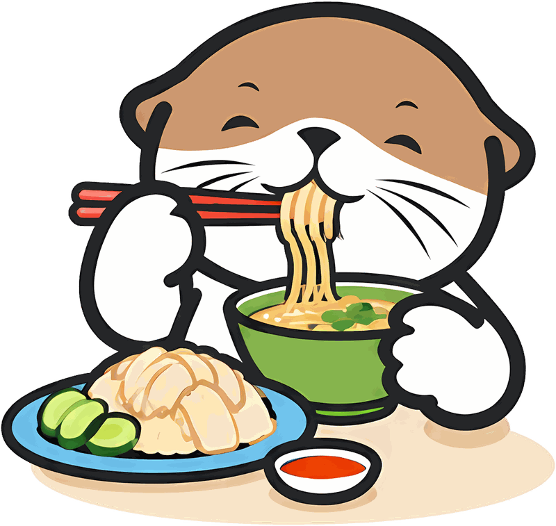 水獭吉祥物在小贩中心用筷子吃饭,餐盘里有鸡饭和汤面