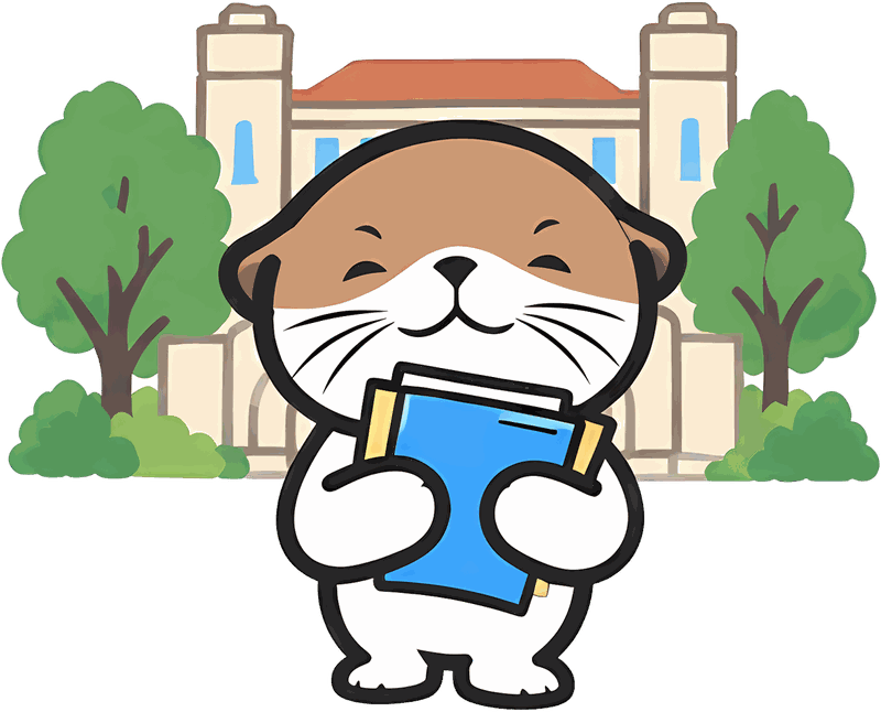 水獭吉祥物站在绿树环绕的大学校园入口,手里拿着资料